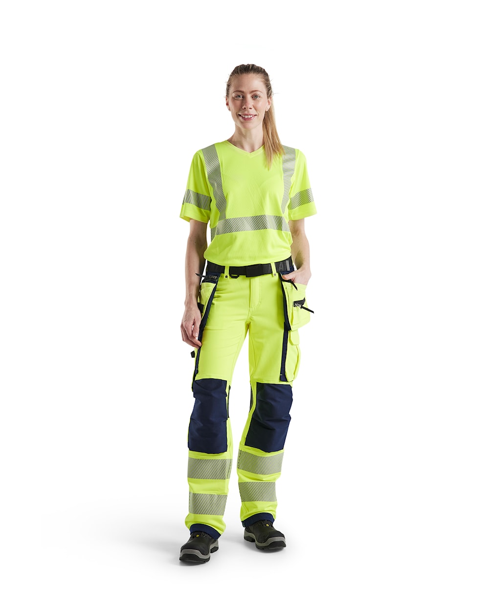 Blaklader Women's 4-Way-Stretch Hi-Vis Trousers 7197 #colour_hi-vis-yellow-navy-blue