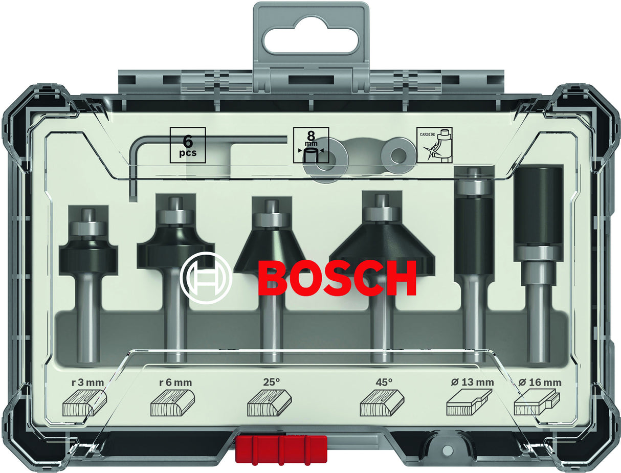 Bosch Professional Router Bit Set 6 pcs Trim&Edging 1/4" shank 6-piece Trim and Edging Router Bit Set with 1/4" shank diameter.