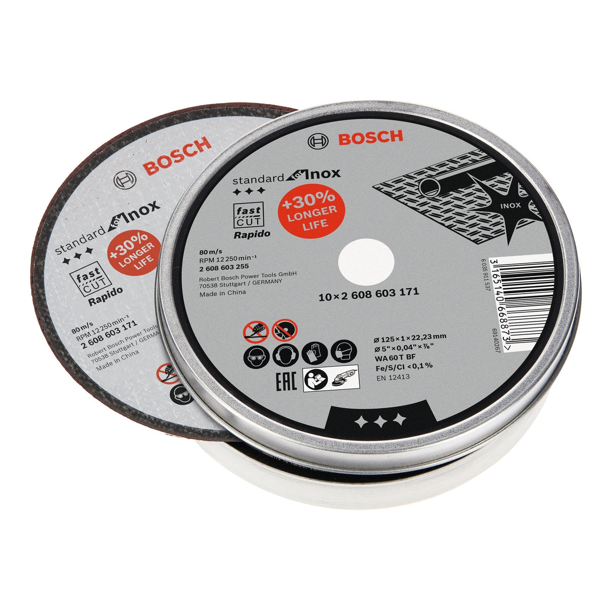 Bosch Professional Standard for Inox - Rapido Straight Cutting Disc  - 125mm x 22.23mm x 1.0mm, WA 60 T BF