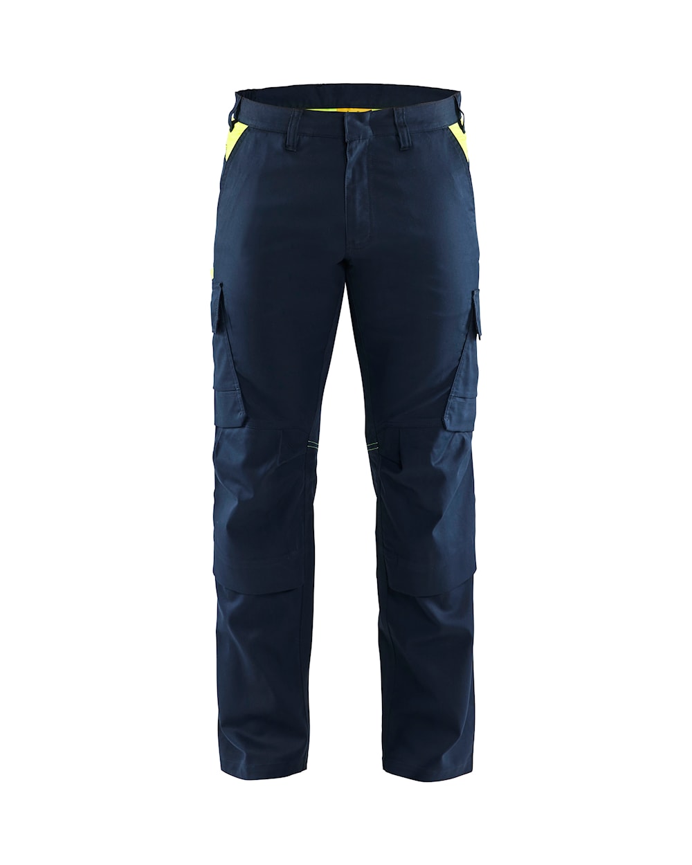 Blaklader Industry Trousers Stretch with Knee Pad Pockets 1448 #colour_dark-navy-blue-hi-vis-yellow