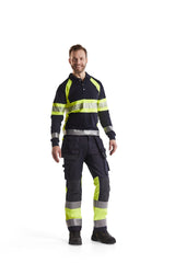 Blaklader Multinorm Pique Long Sleeved 3438 #colour_navy-blue-hi-vis-yellow