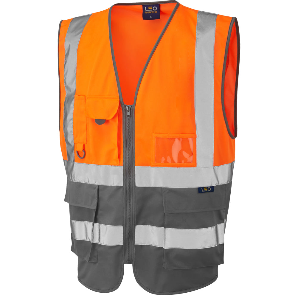 Leo Workwear LYNTON Leo EcoViz Superior Waistcoat - Hi-Vis Orange/Grey