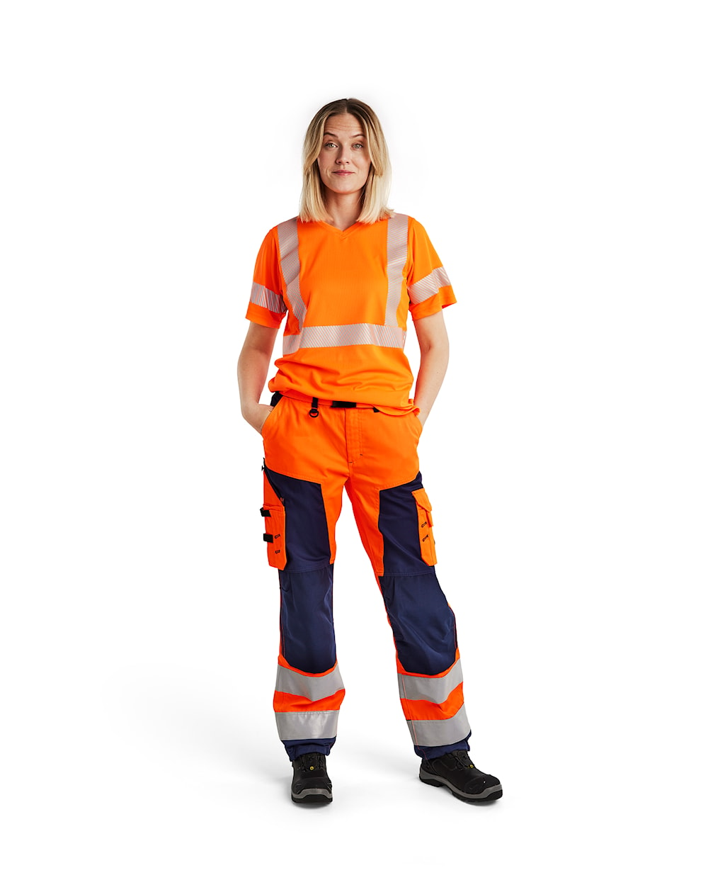 Blaklader Women's Hi-Vis Trousers without Nail Pockets 7155 #colour_orange-navy-blue