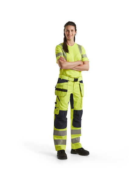 Blaklader Women's Hi-Vis Trousers with Stretch 7163 #colour_hi-vis-yellow-navy-blue