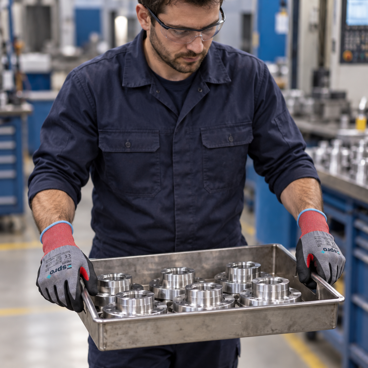 Engineer wearing Espro+ cut-resistant gloves carrying a tray of metal parts in a workshop