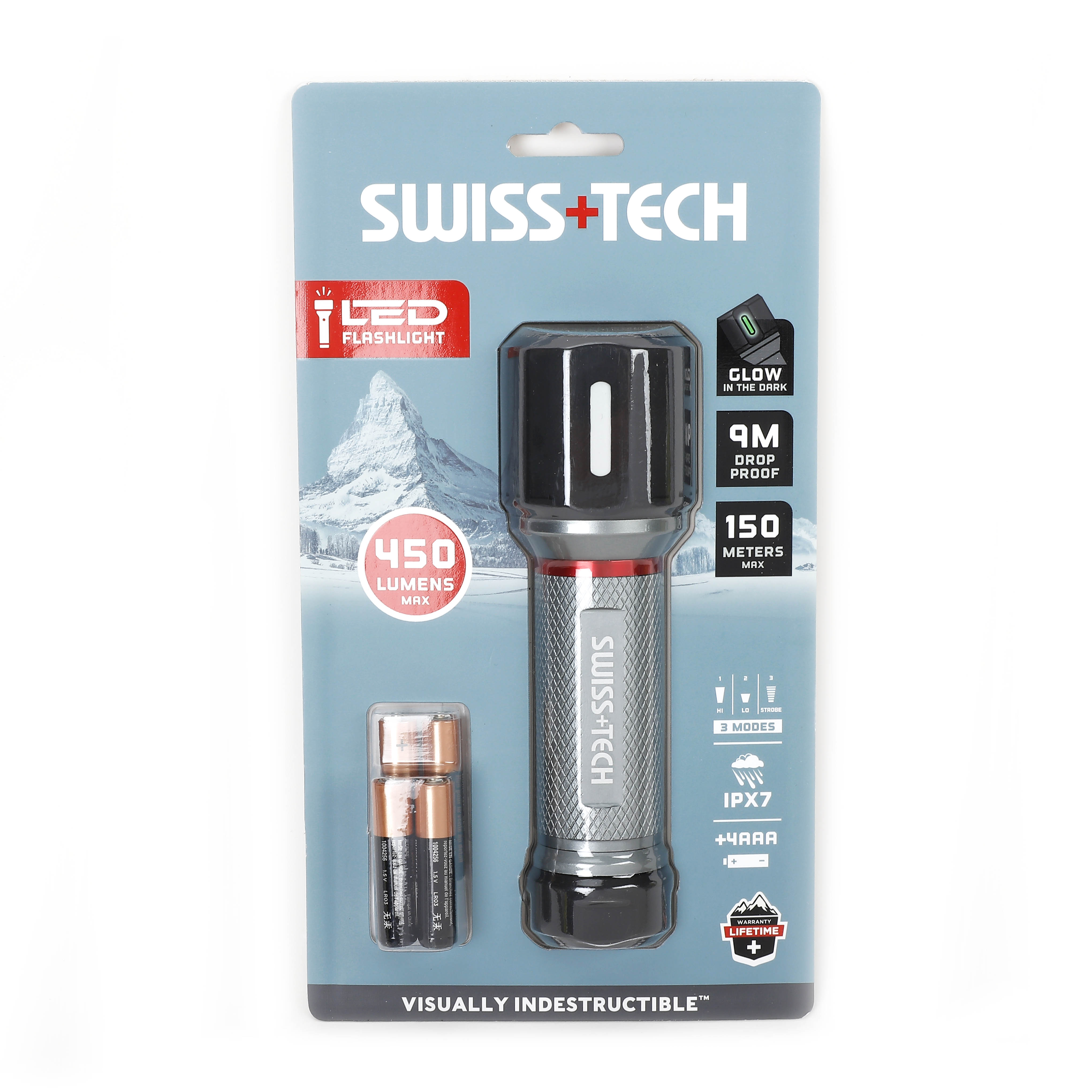 Scruffs Swiss-Tech Drop Proof Aluminium Flashlight - 4 x AAA Heavy Duty LED Torch