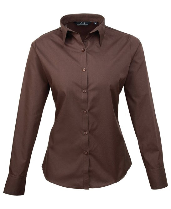 Premier Women's Poplin Long Sleeve Blouse - Brown