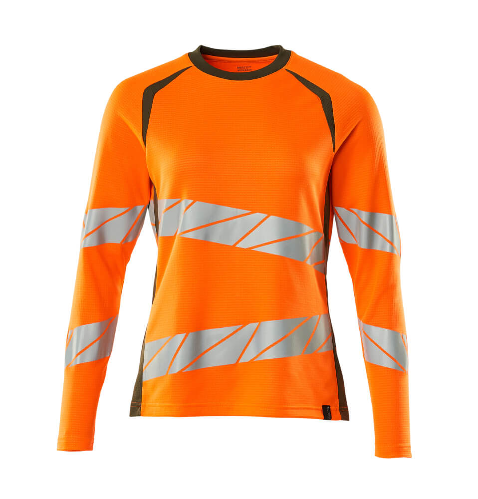 Mascot Accelerate Safe Ladies Fit Long-Sleeved T-shirt #colour_hi-vis-orange-moss-green