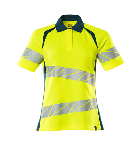 Mascot Accelerate Safe Ladies Fit Polo Shirt #colour_hi-vis-yellow-dark-petroleum